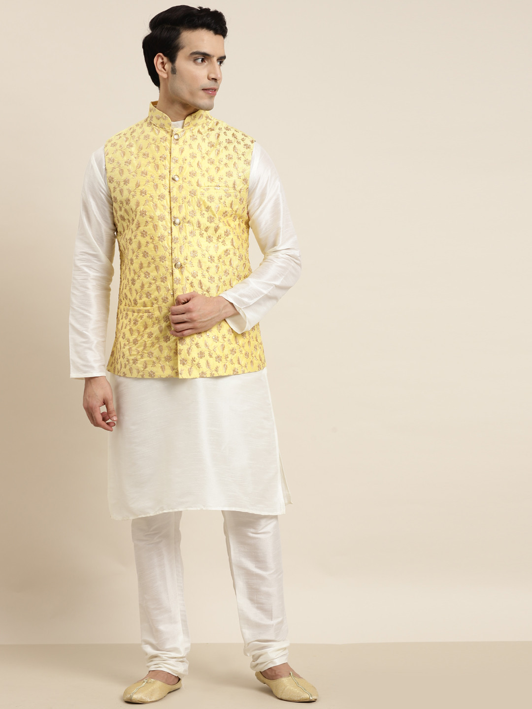 SOJANYA Men Off-White & Yellow Kurta with Churidar & Embroidered Nehru Jacket