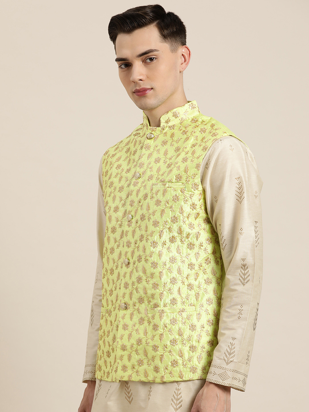 SOJANYA Men Lime Green & Golden Chikankari Embroidered Nehru Jacket