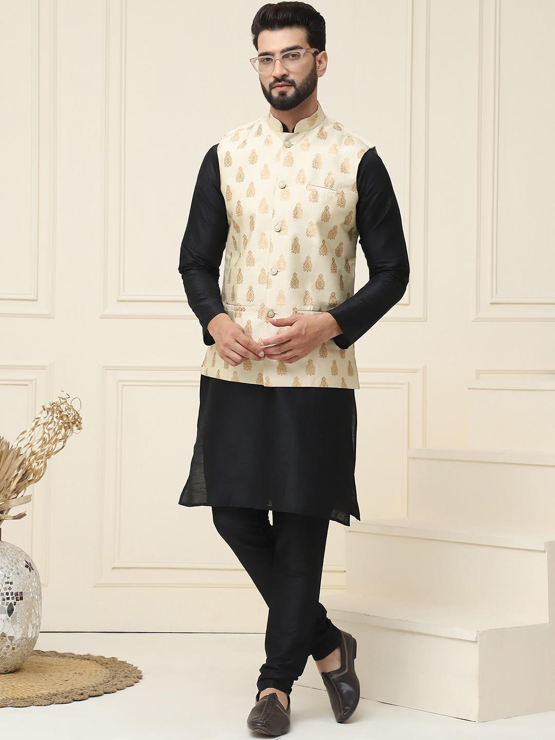 SOJANYA Men Black & Beige Kurta with Churidar & Woven Design Nehru Jacket