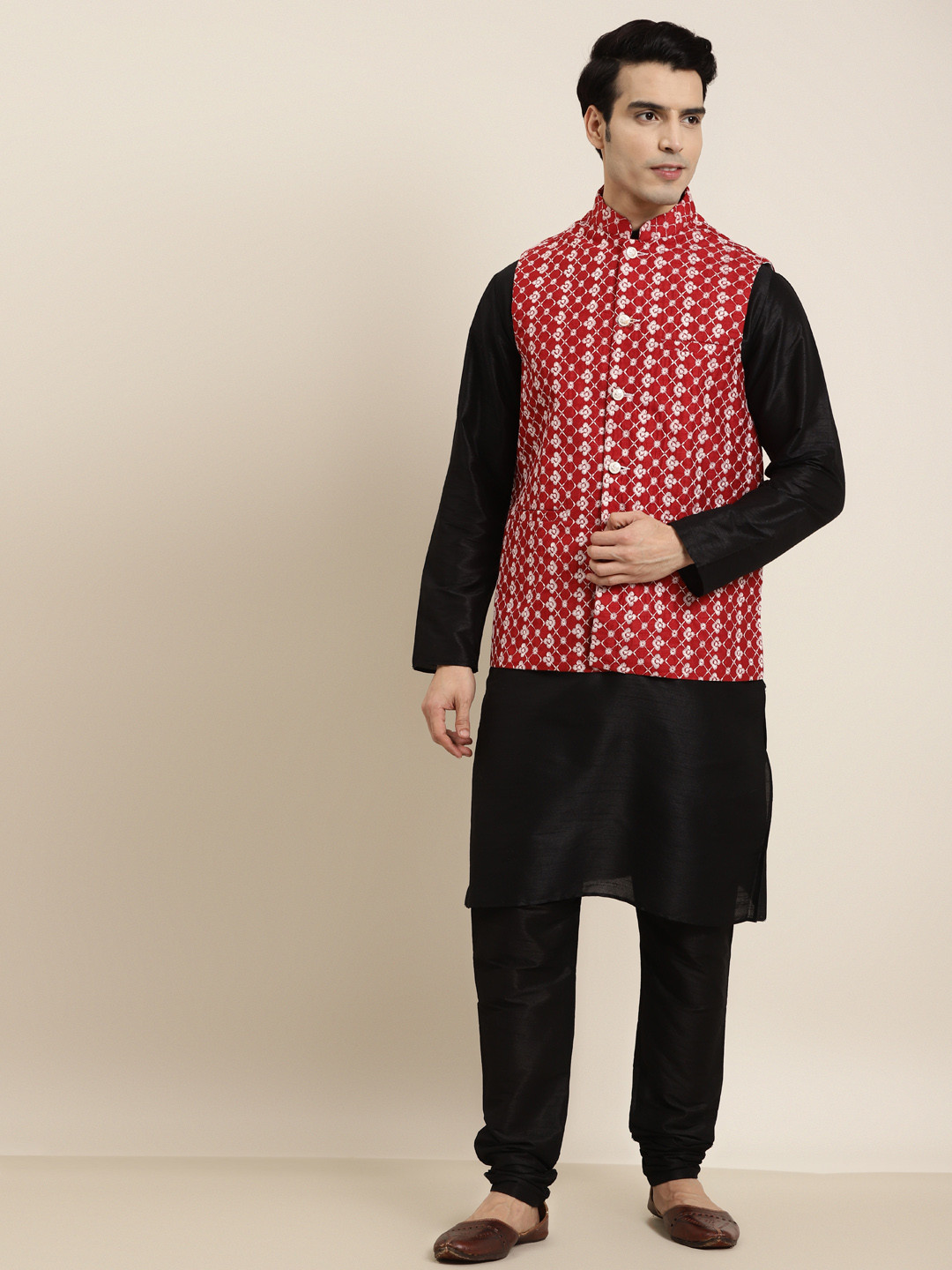 SOJANYA Men Black & Maroon Kurta with Churidar & Embroidered Nehru Jacket