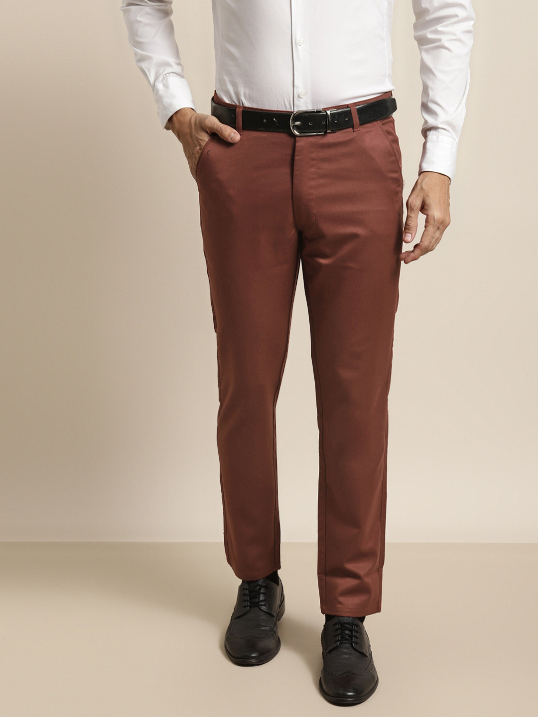SOJANYA Men Rust Brown Smart Regular Fit Formal Trousers