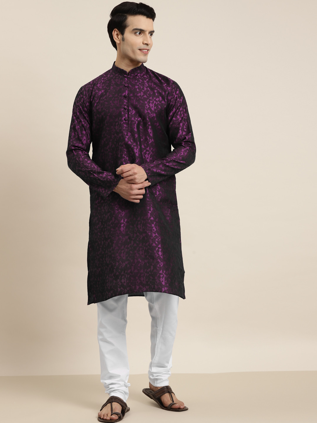 SOJANYA Men Purple Self-Design Kurta with Churidar