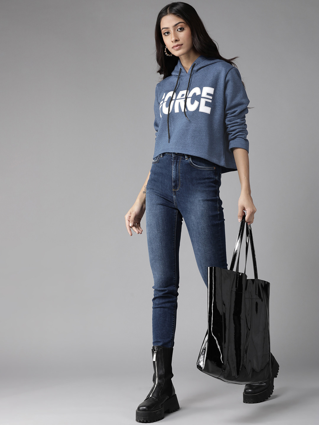 KASSUALLY Women Navy Blue & White Melange Effect Typography Print Hooded Crop Sweatshirt