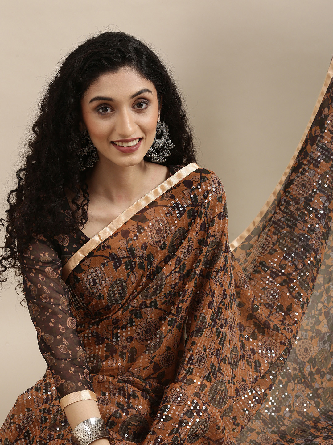 Mitera Mustard & Black Sequinned Pure Georgette Saree