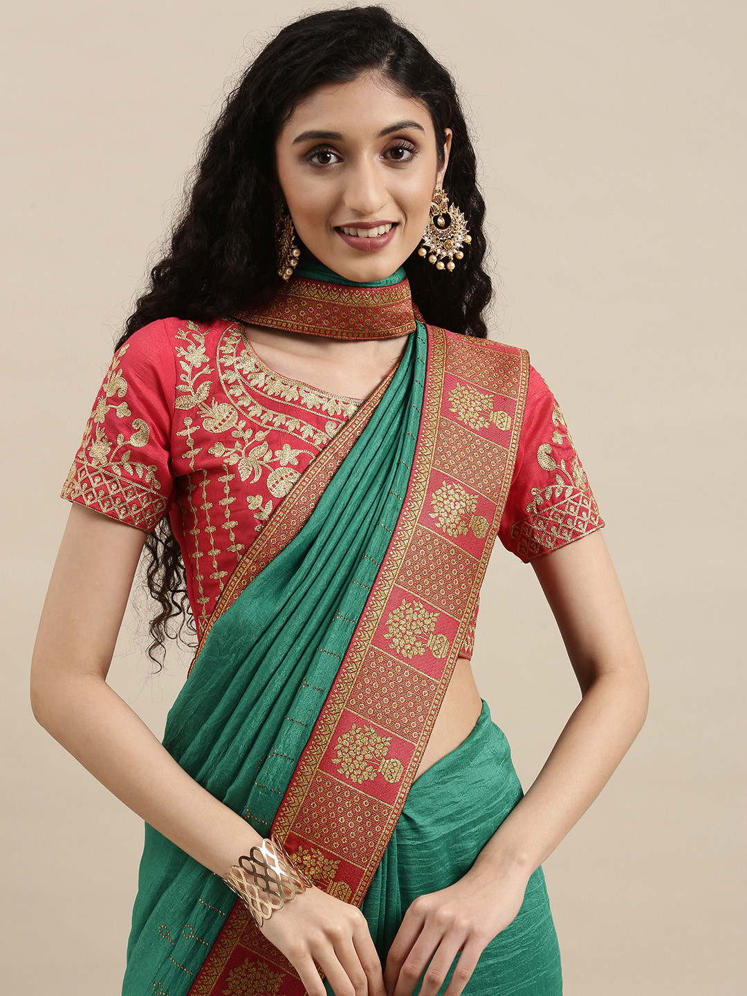 Mitera Turquoise Blue & Red Mukaish Pure Chiffon Saree