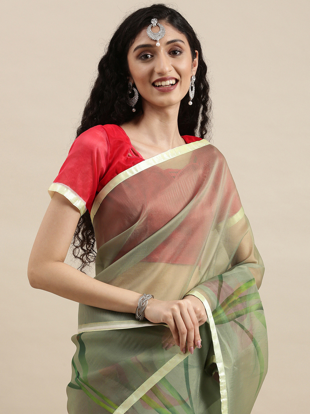 Mitera Green & Pink Organza Saree