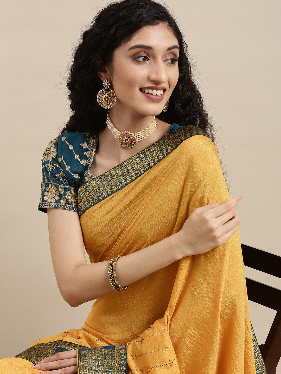 Mitera Mustard & Teal Pure Chiffon Saree