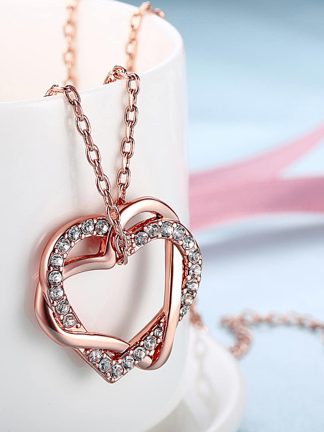 Yellow Chimes Rose Gold-Plated Embracing Hearts-in-Love Austrian Crystal Pendant With Chain