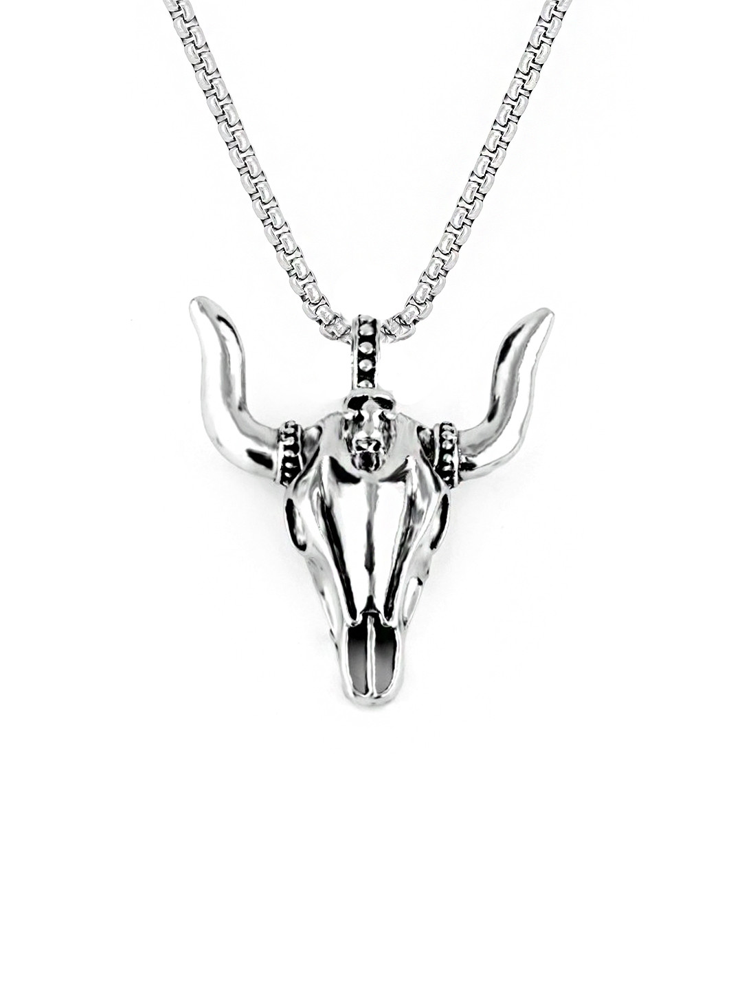 Yellow Chimes Men Silver-Toned Bull Head Skull Stainless Steel Pendant With Chain