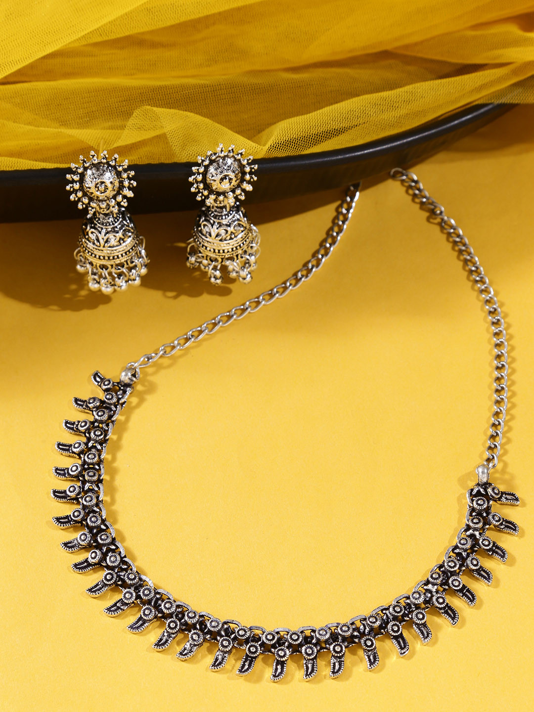 Yellow Chimes Oxidised Silver-Plated Kohlapuri Jewellery Set