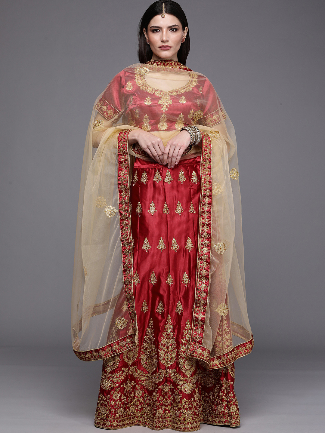 Mitera Maroon & Cream-Coloured Embroidered Semi-Stitched Lehenga & Unstitched Blouse With Dupatta