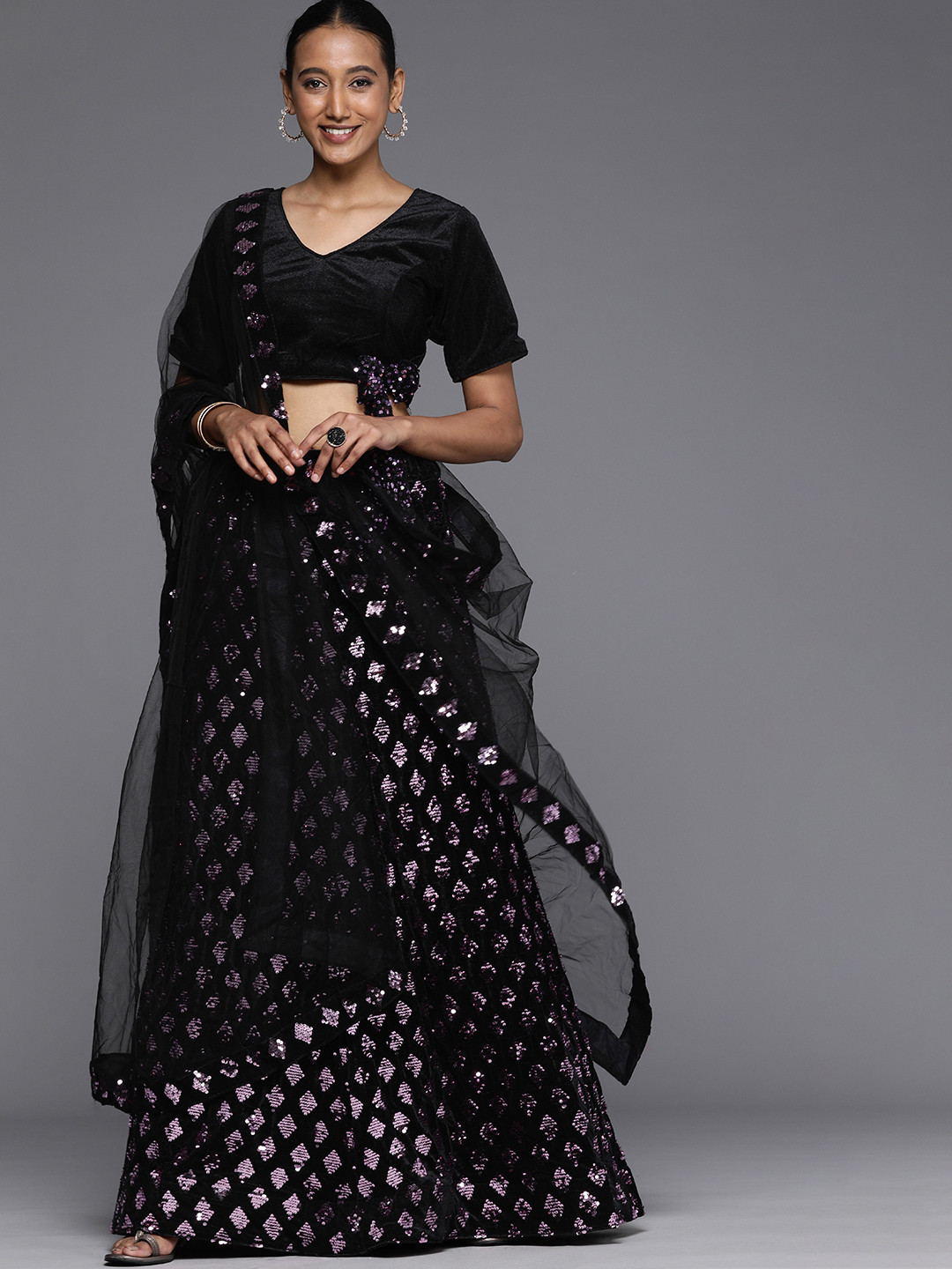 Mitera Black & Purple Velvet Semi-Stitched Lehenga & Unstitched Blouse With Dupatta