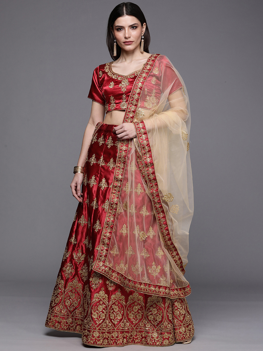 Mitera Maroon & Cream-Coloured Embroidered Semi-Stitched Lehenga & Unstitched Blouse With Dupatta