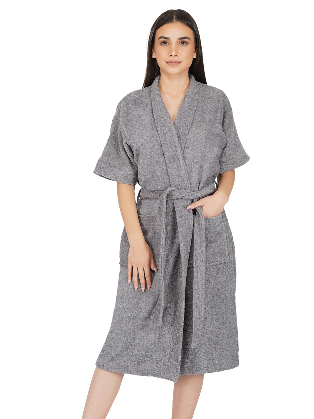 RANGOLI Nobel Grey Solid Cotton Drawstring Midi Set of 2 Bath Robe with Pair Slipper-L