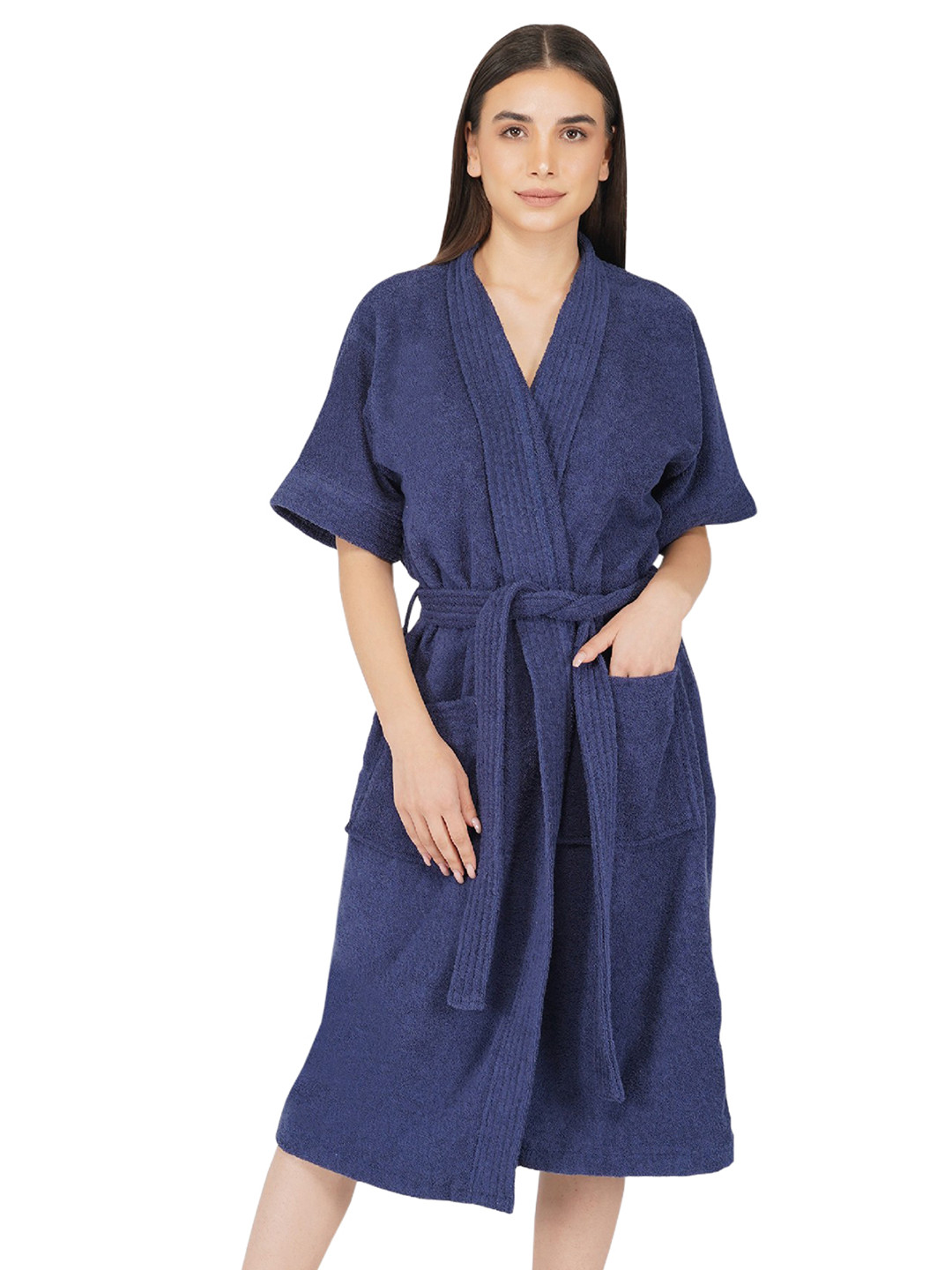 RANGOLI Nobel Navy Blue Cotton Drawstring Midi Set of 2 Bath Robe with Pair Slipper-L