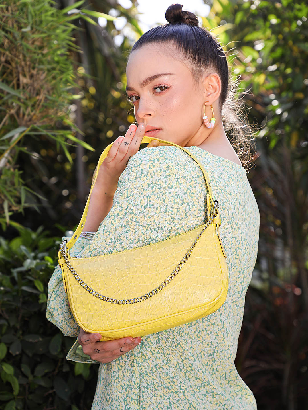 Lino Perros Yellow Croc Textured Baguette Bag