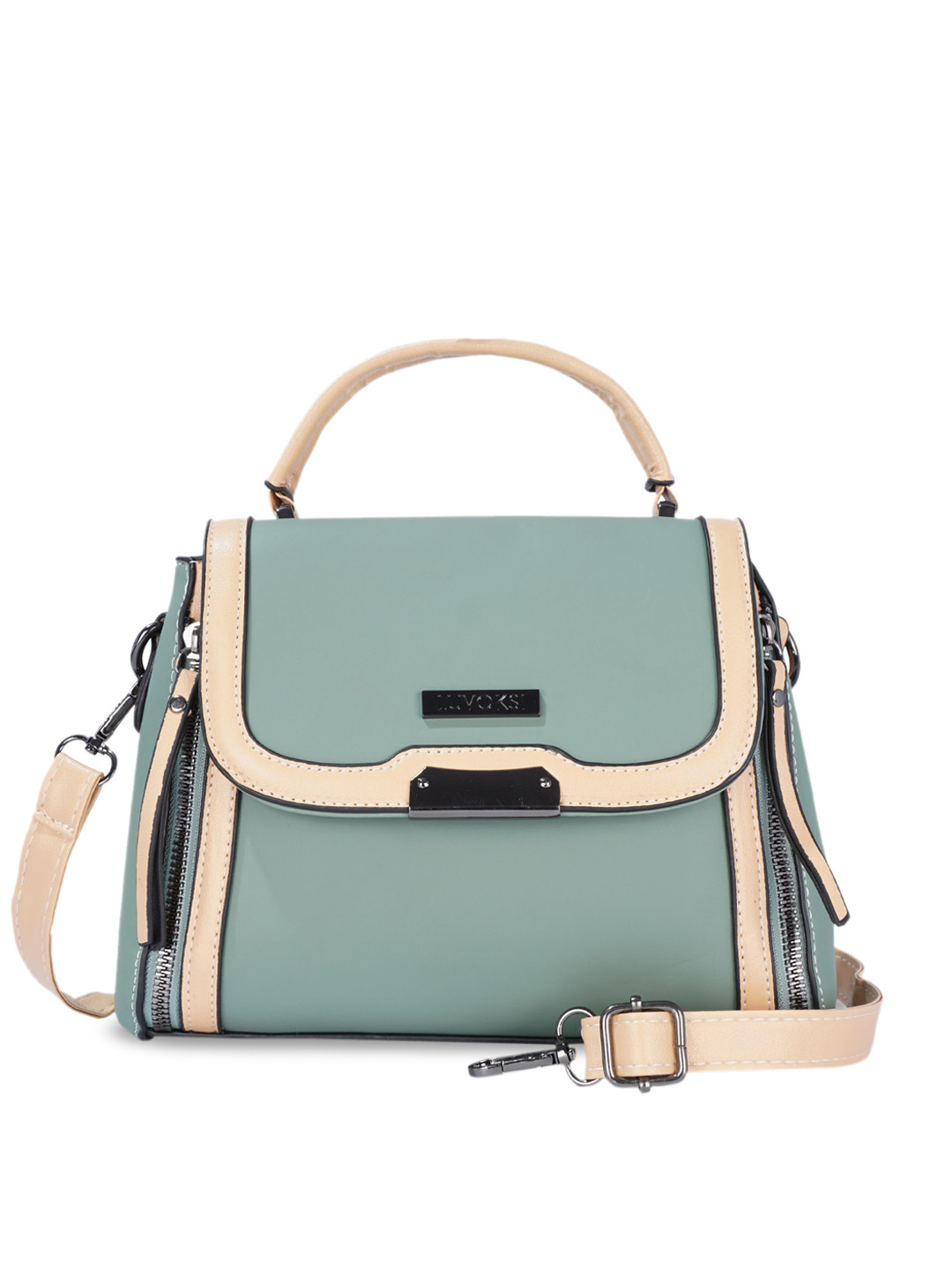 Luvoksi Green Colourblocked PU Structured Handheld Bag