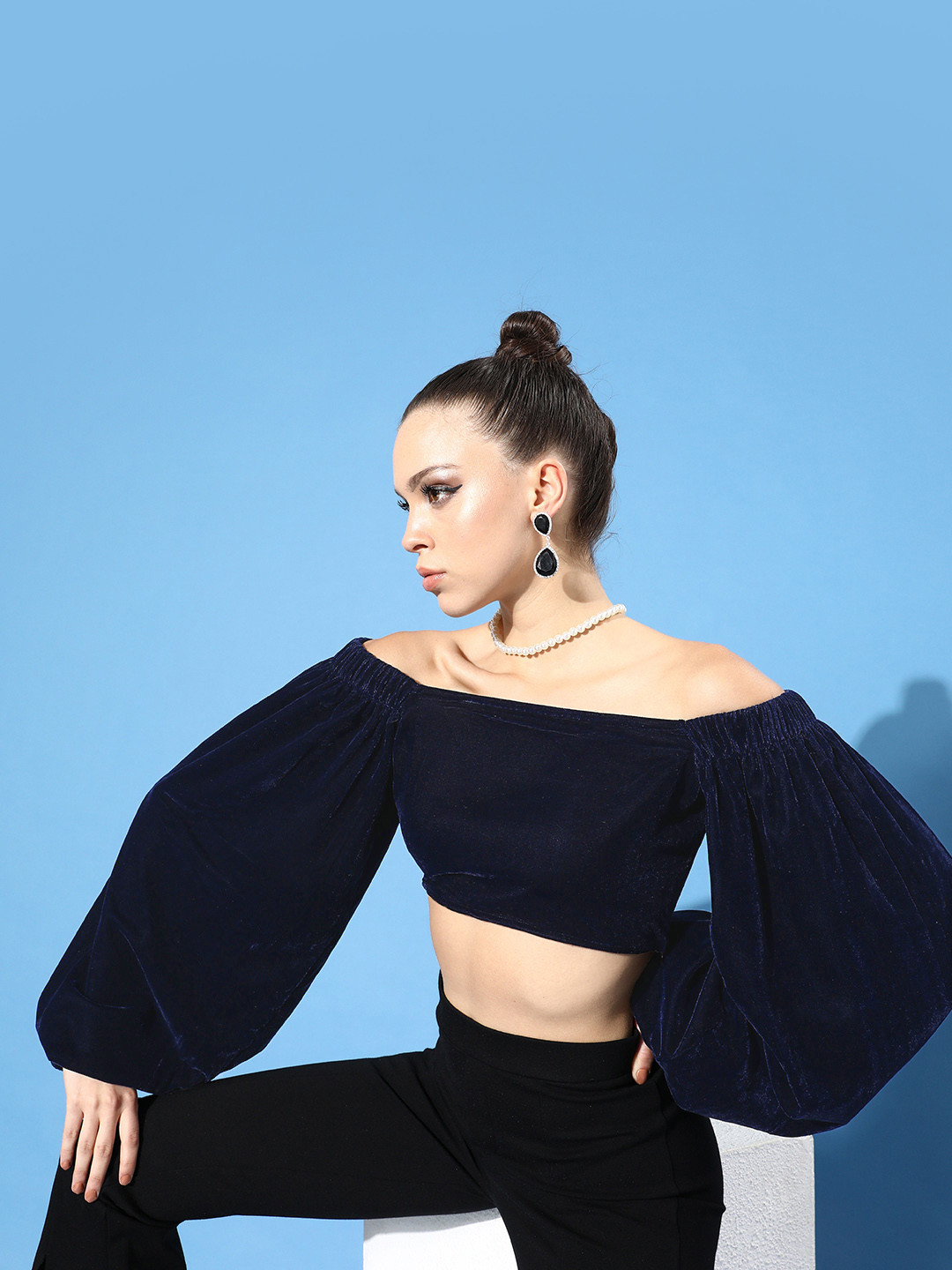 Cation Women Navy Blue Solid Velvet Top