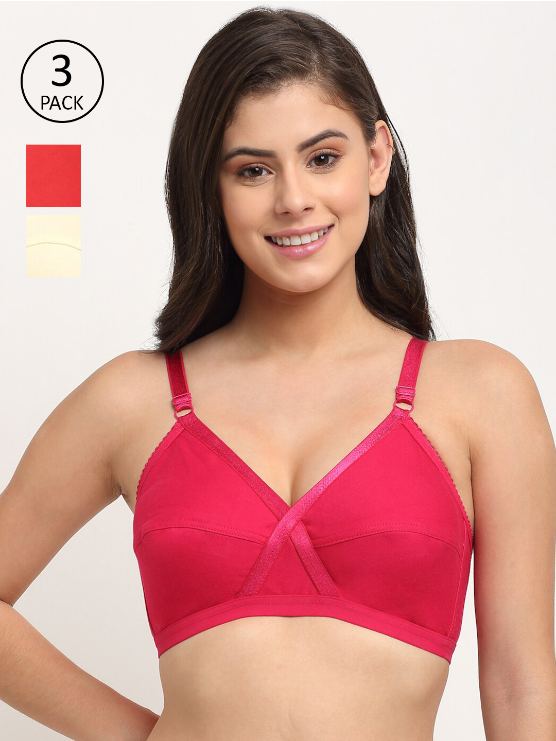Friskers Pack of 3 Red & Pink Solid Non Wired Medium Coverage Cotton T-shirt Bra