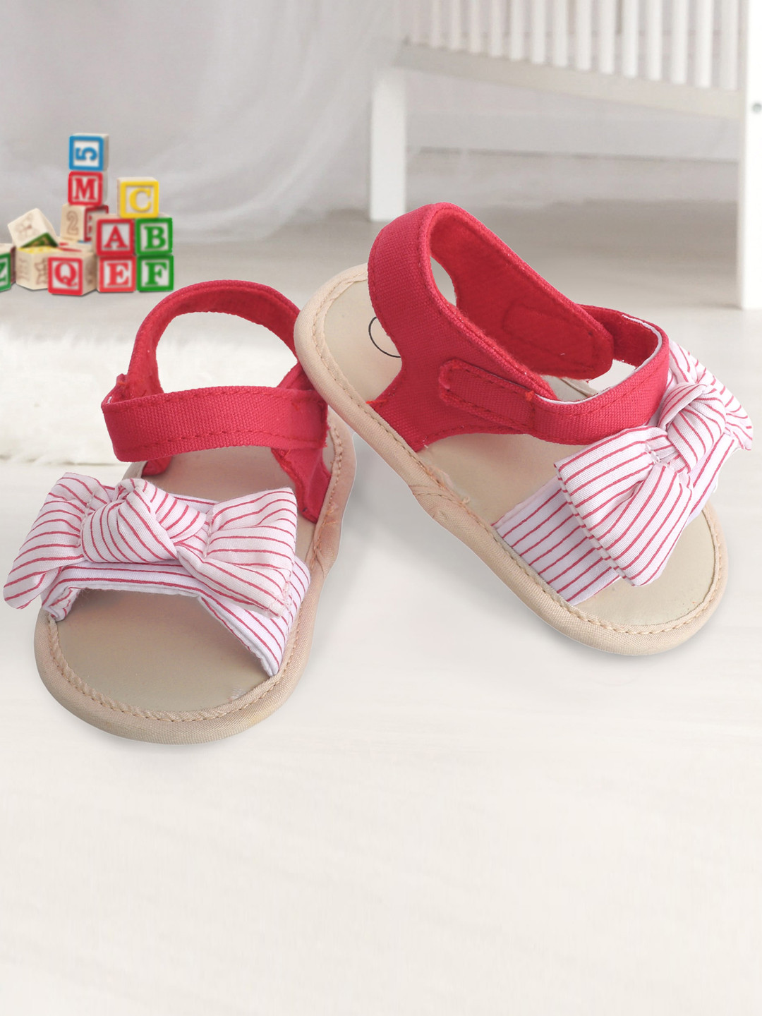 Baby Moo Girls Red & Pink Striped Booties
