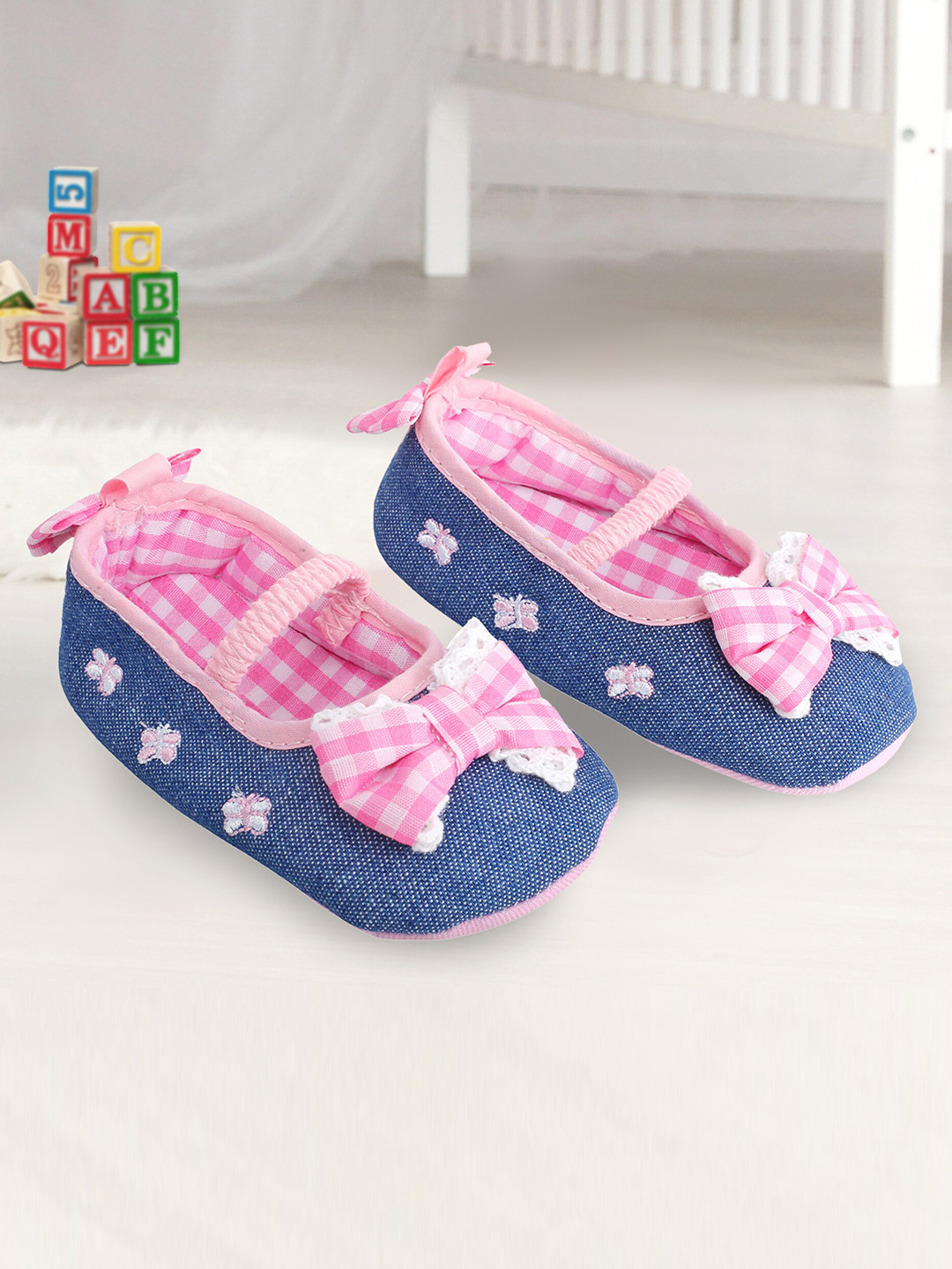 Baby Moo Infant Girls Blue & Pink Hearts Denim  Shoes