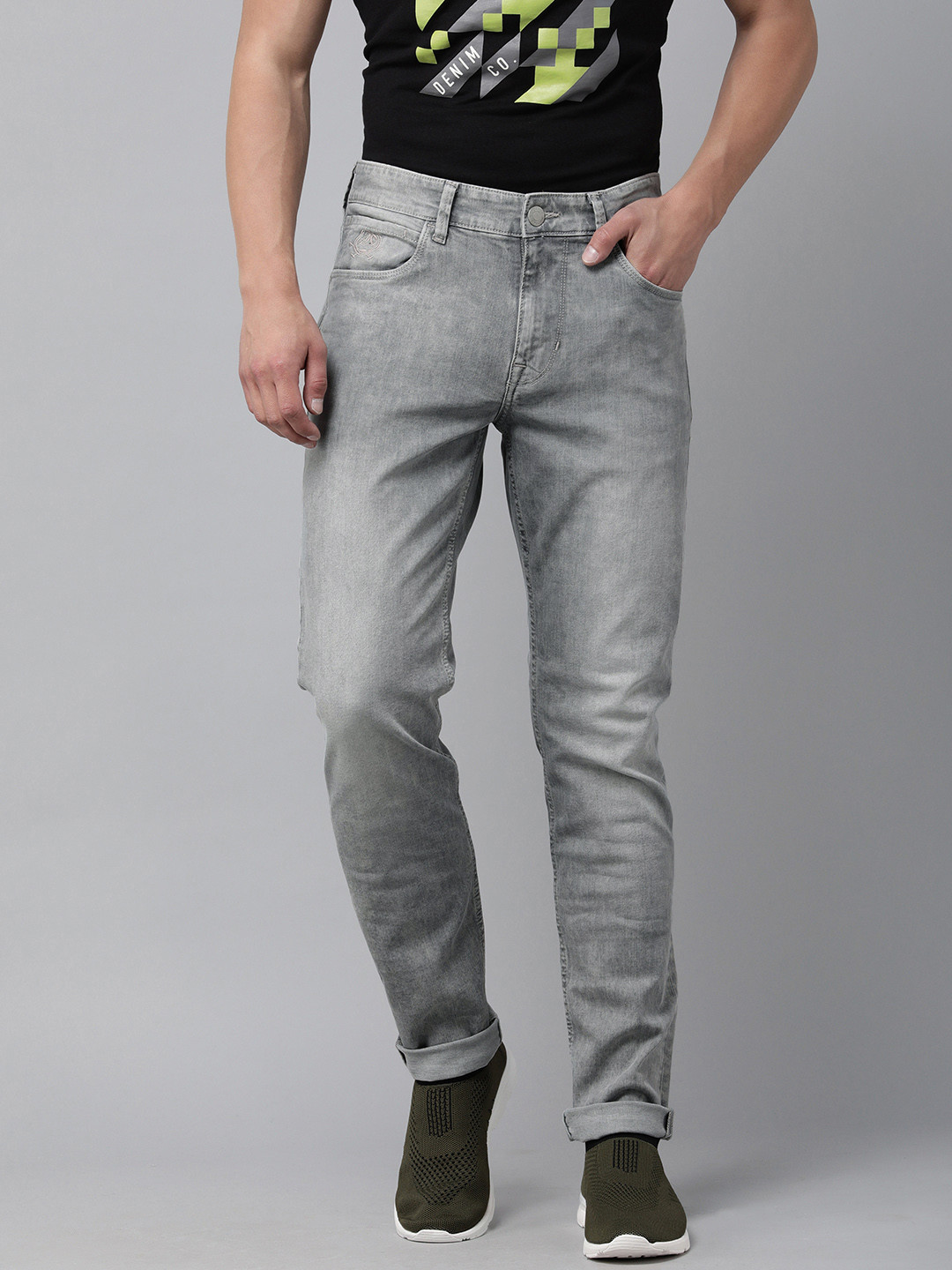 U S Polo Assn Denim Co Men Grey Slim Tapered Fit Light Fade Stretchable Jeans