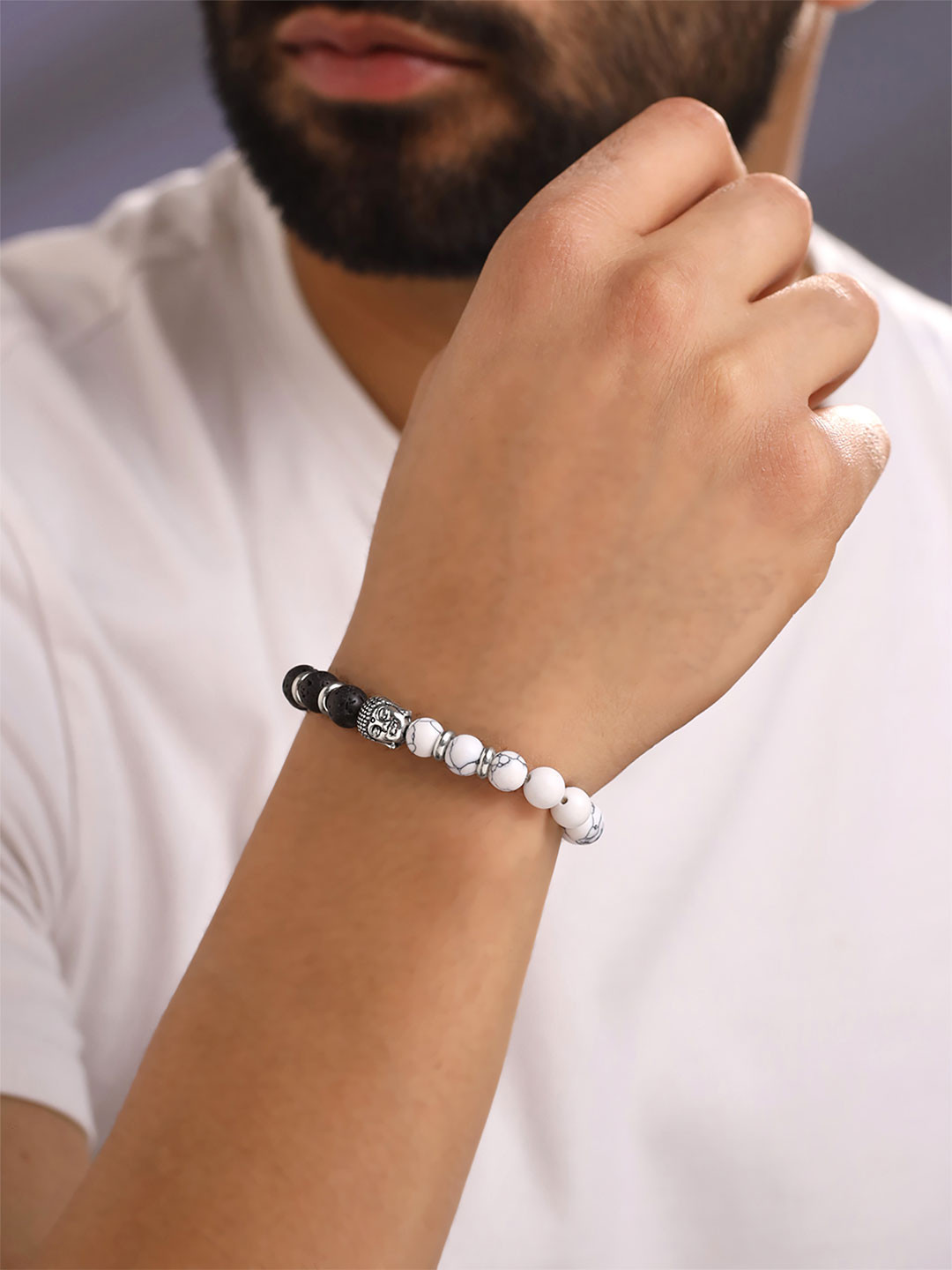 Yellow Chimes Unisex Black & White Stone Buddha Bracelet