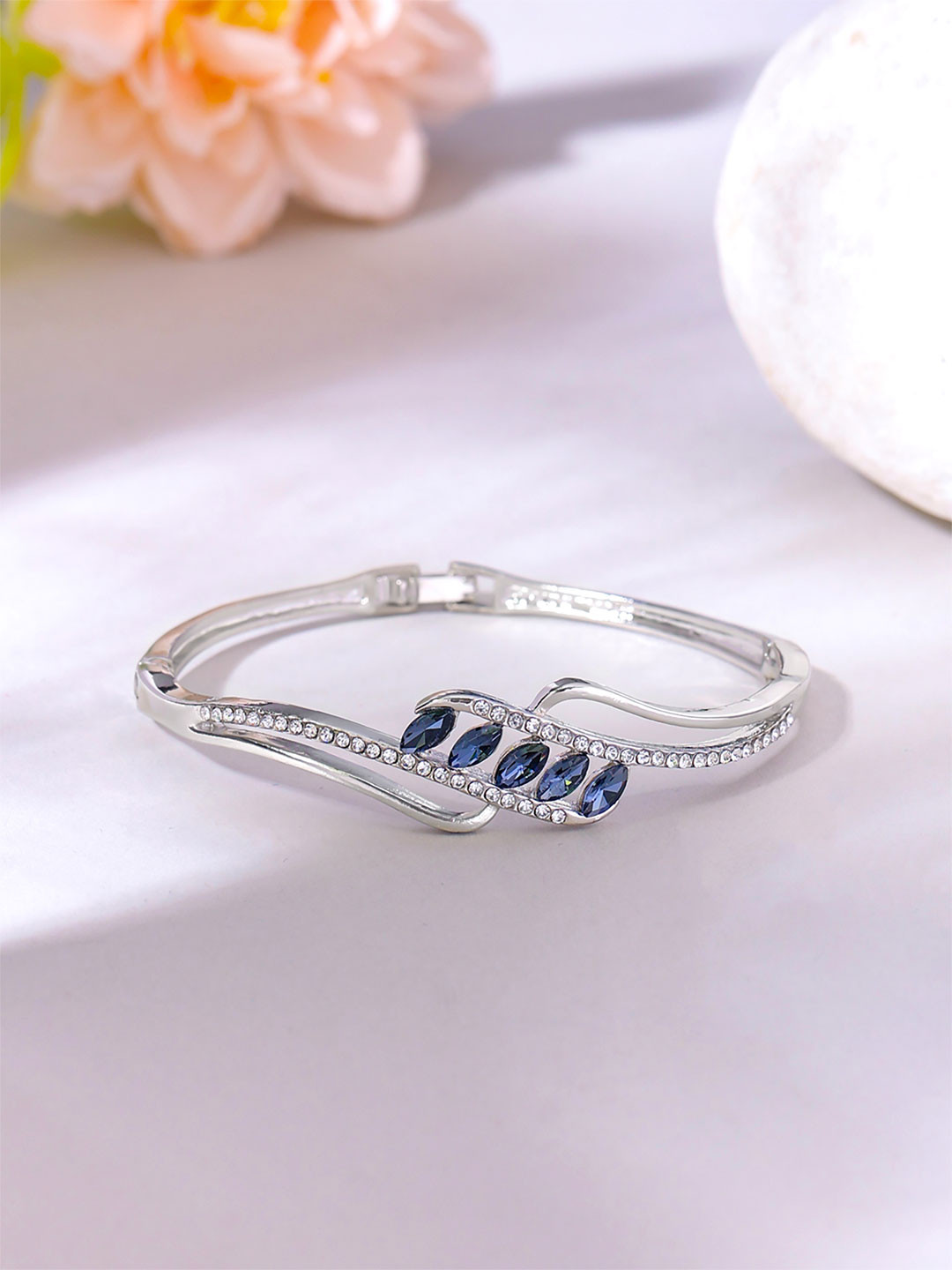 Yellow Chimes Women Silver-Toned & Blue Sparkling Crystal Studded Kada Bracelet
