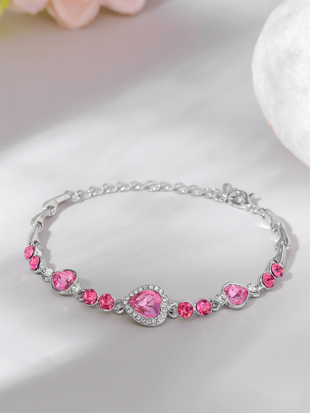 Yellow Chimes Elvora Pink & Silver-Plated Heart Crystal Charm Bracelet