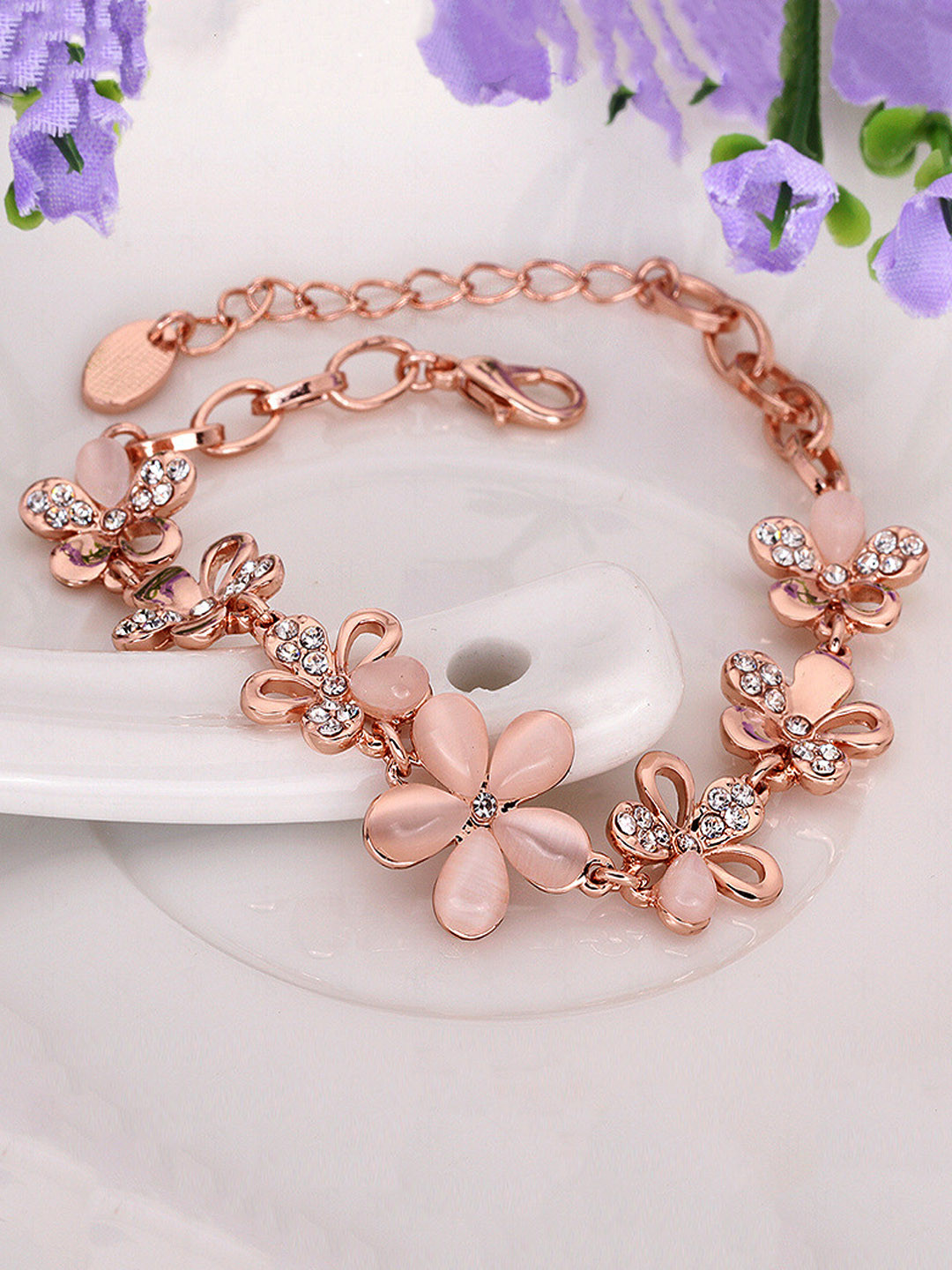 Yellow Chimes Elvora Pink Opal Rose Gold-Plated Charm Bracelet