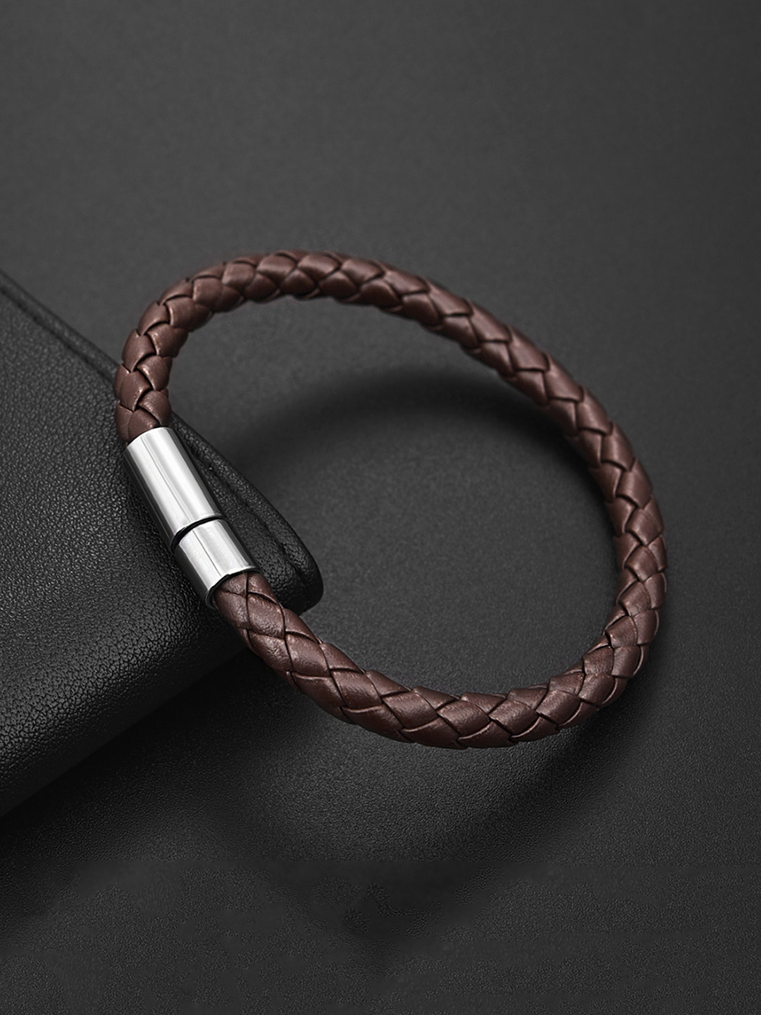 Yellow Chimes Unisex Brown & Silver-Toned Leather Wraparound Bracelet