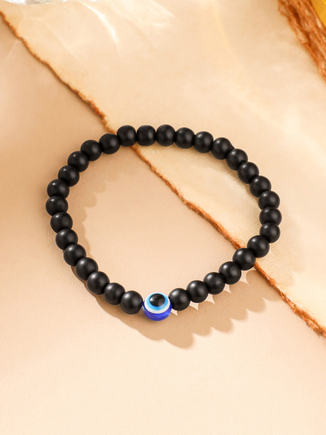 Yellow Chimes Unisex Blue Elasticated Black Beads Evil Eye Bracelet