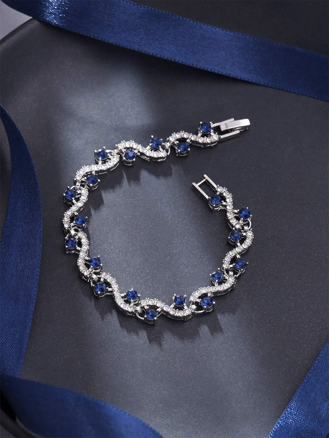 Yellow Chimes Vistelle White & Blue Crystals Rhodium-Plated Charm Bracelet