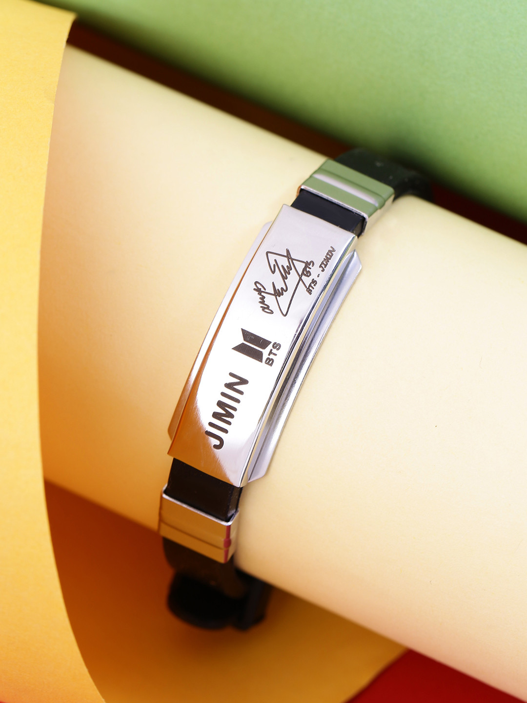 Yellow Chimes Men Silver-Toned & Black BTS JIMIN Signature Wraparound Bracelet