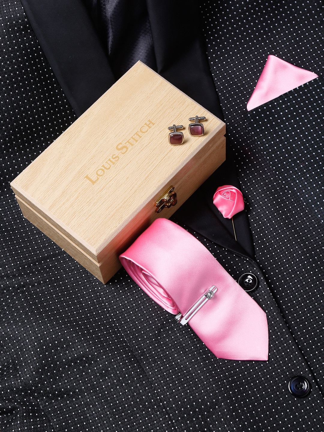 LOUIS STITCH Men Pink Solid Italian Style Silk Accessory Gift Set