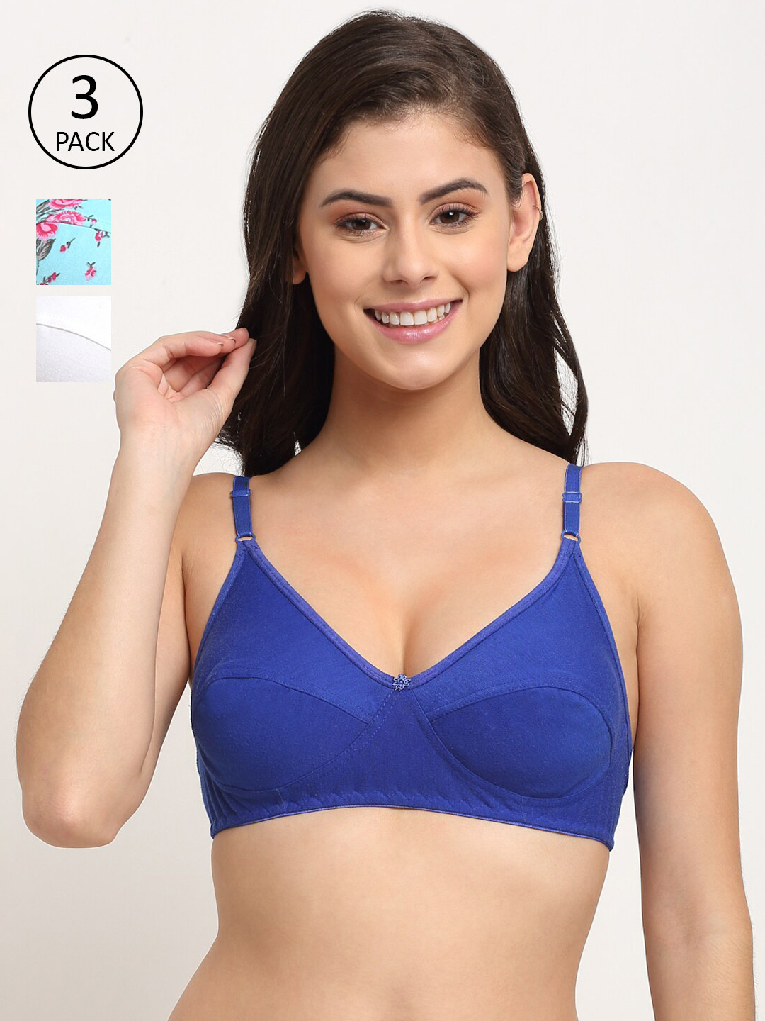 Friskers Woman Pack of 3 Blue Non padded Premium Cotton Bra- O-313-20-314-05-318-02-30
