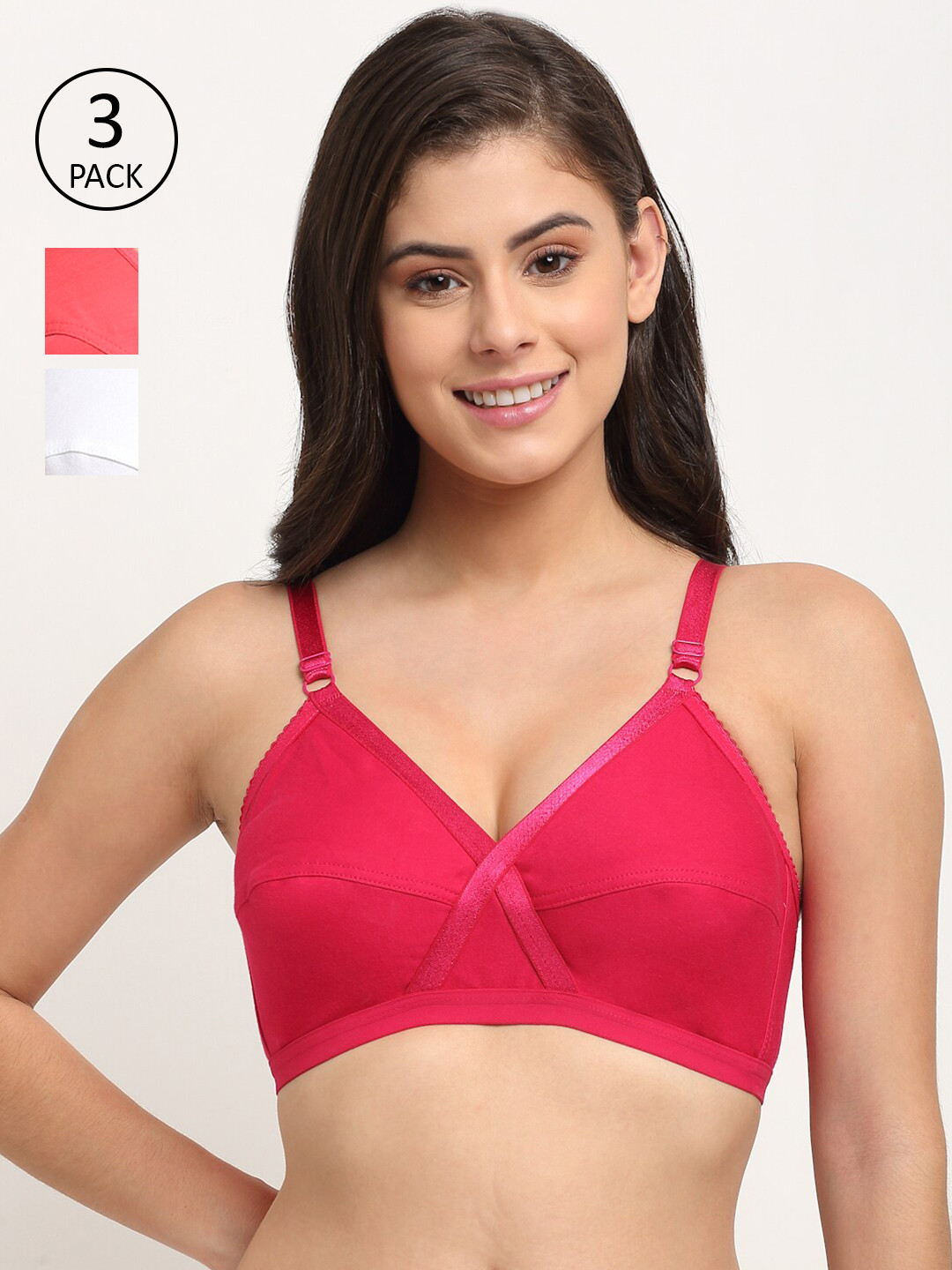 Friskers Pack of 3 Coral & Cream-Coloured Non padded Premium Cotton Bra