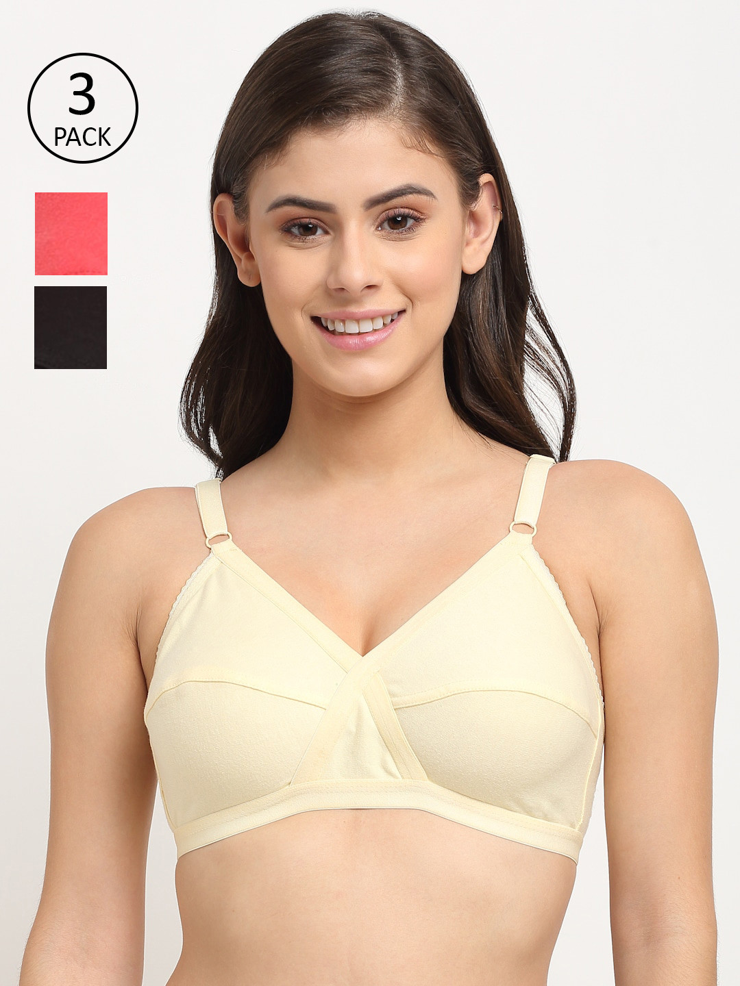 Friskers Pack of 3 Beige & Orange Non padded Premium Cotton Bra