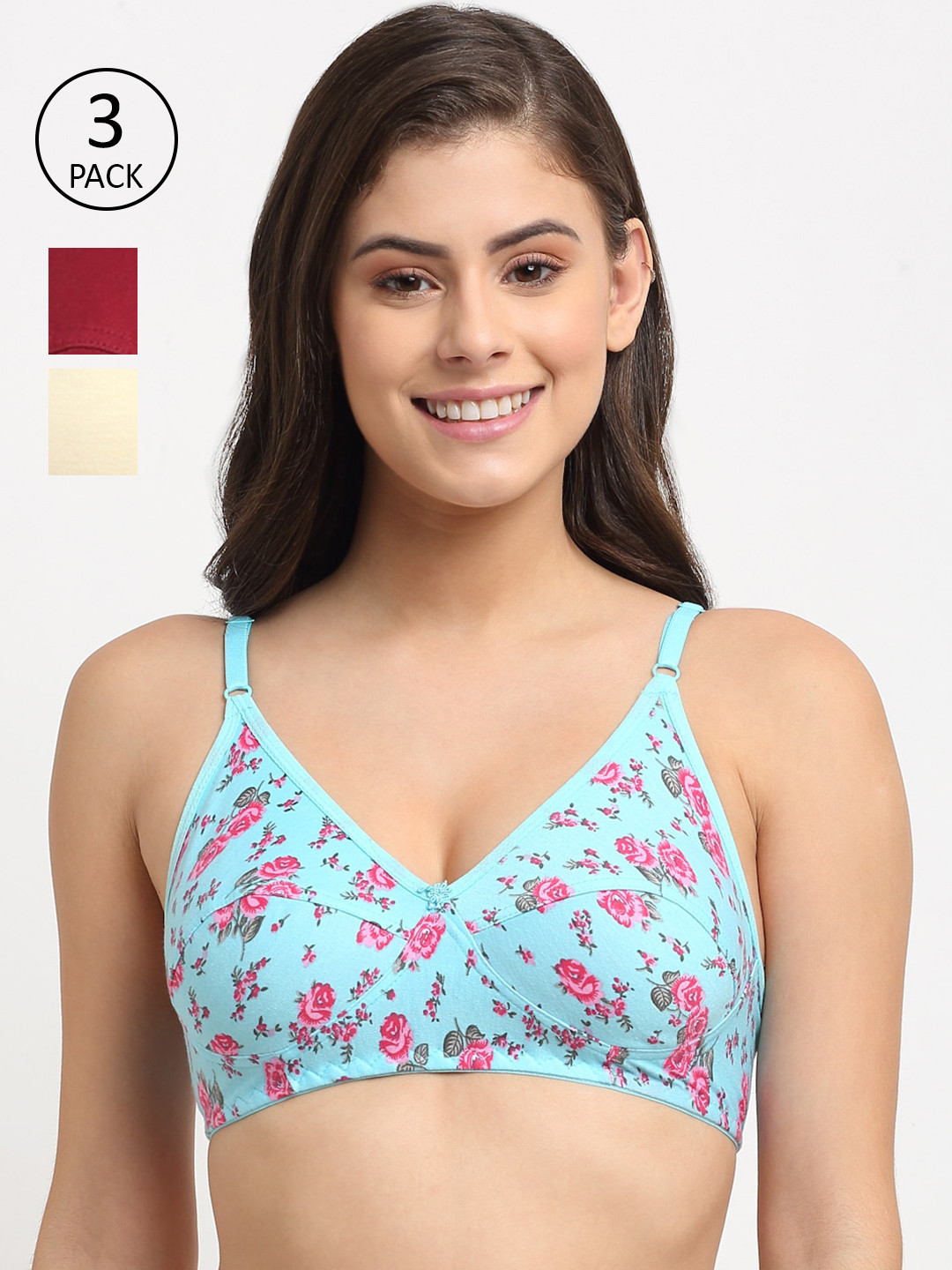 Friskers Pack of 3 Blue & Maroon Floral Non Padded Everyday Bra O-313-20-314-14-318-09-30