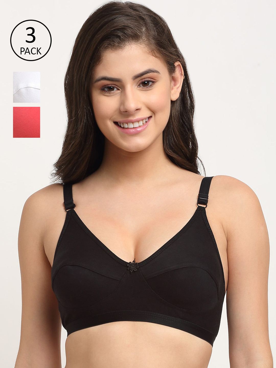 Friskers Pack of 3 Orange & Black Solid Non Wired Medium Coverage Cotton T-shirt Bra