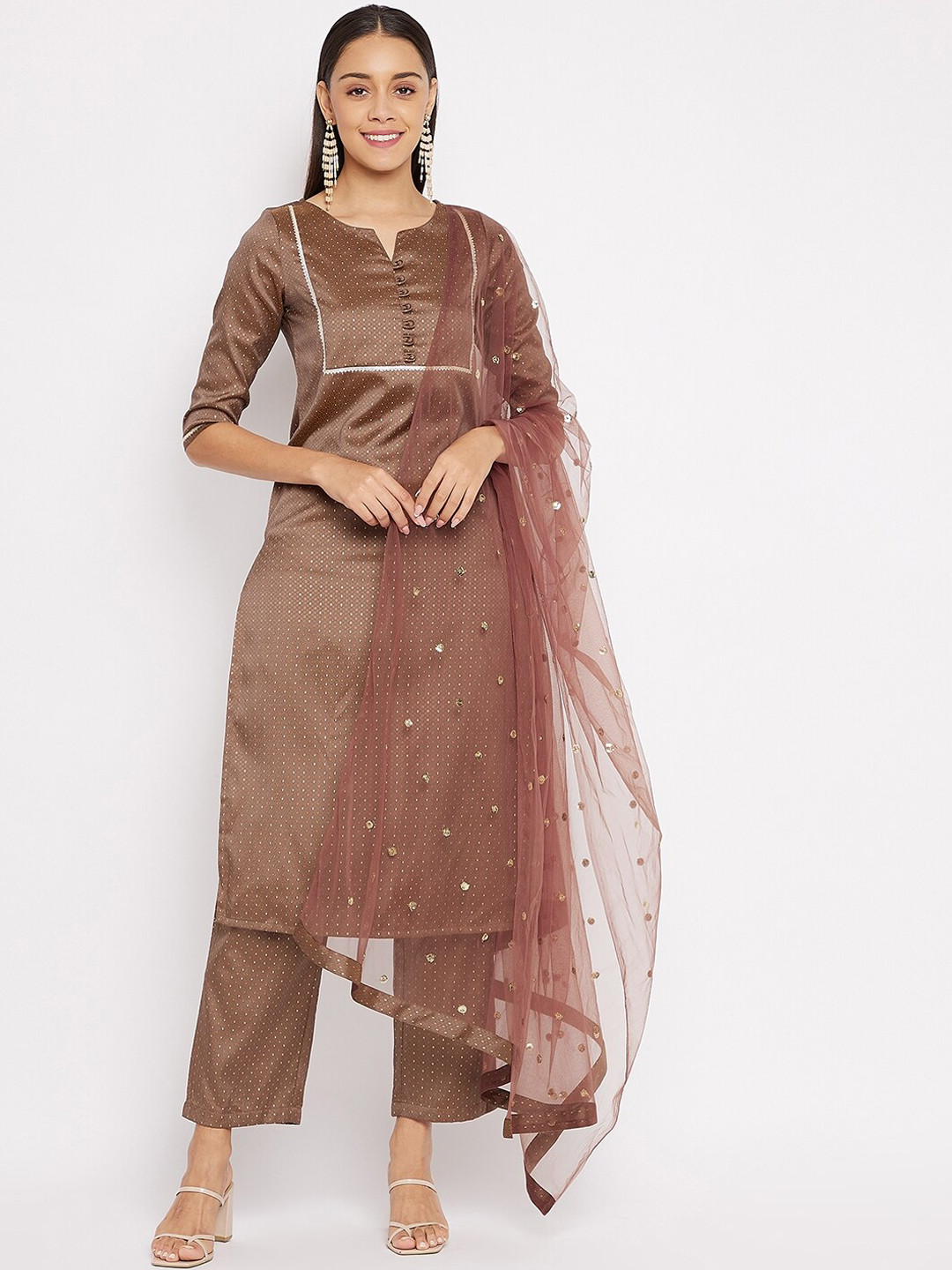 PANIT Women Brown Embroidered Gotta Patti Kurta with Trousers & With Dupatta