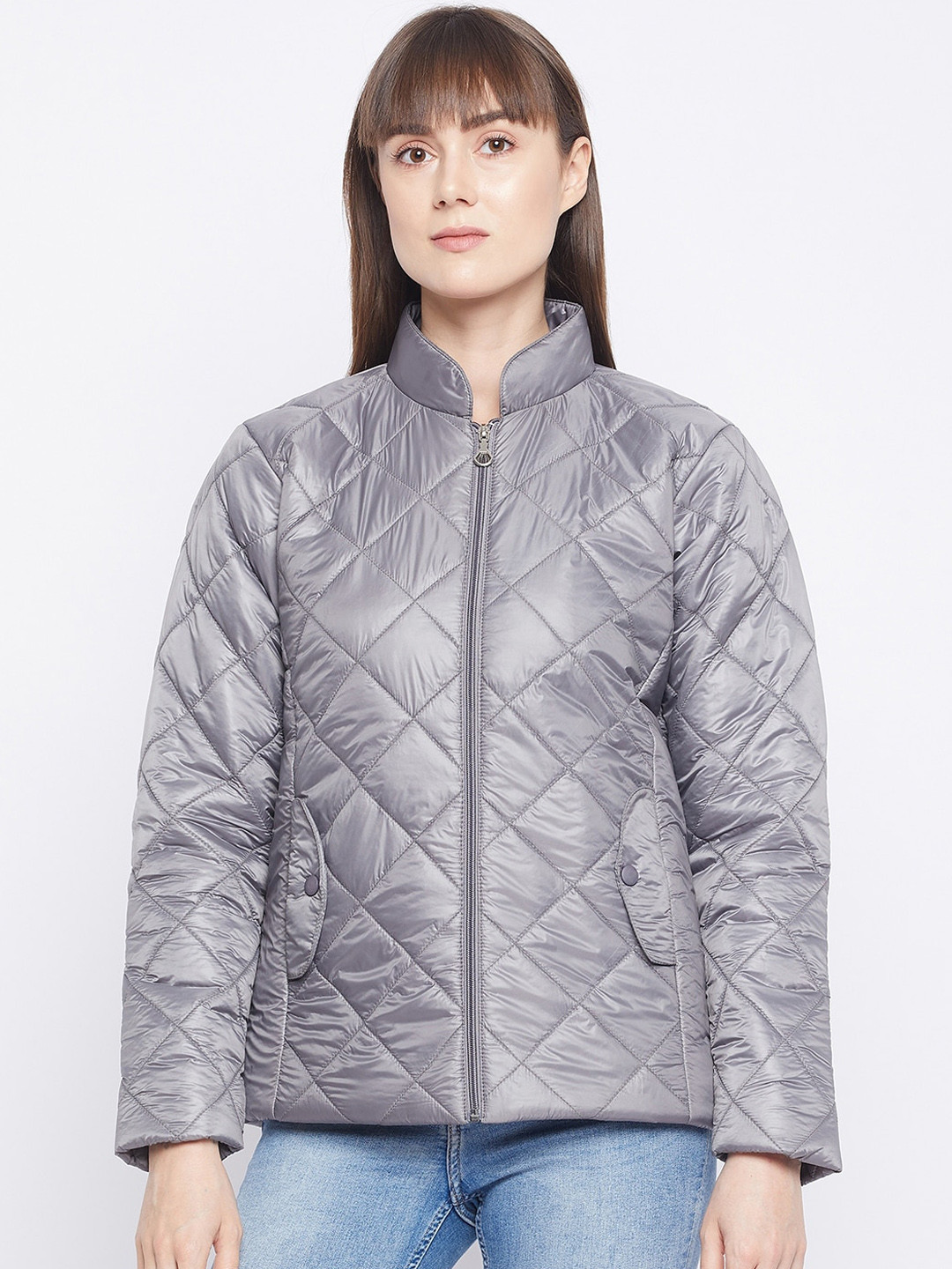 Adobe Women Grey Striped Quilted Jacket