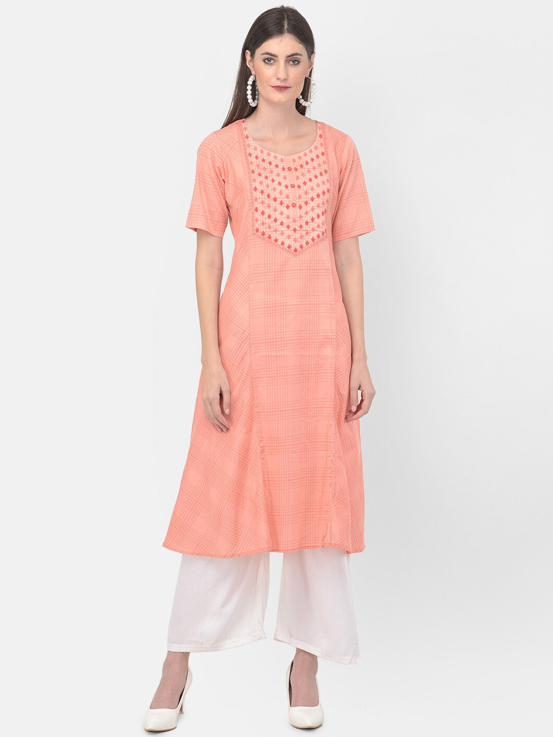 Span Women Pink Checked Thread Work Kurta