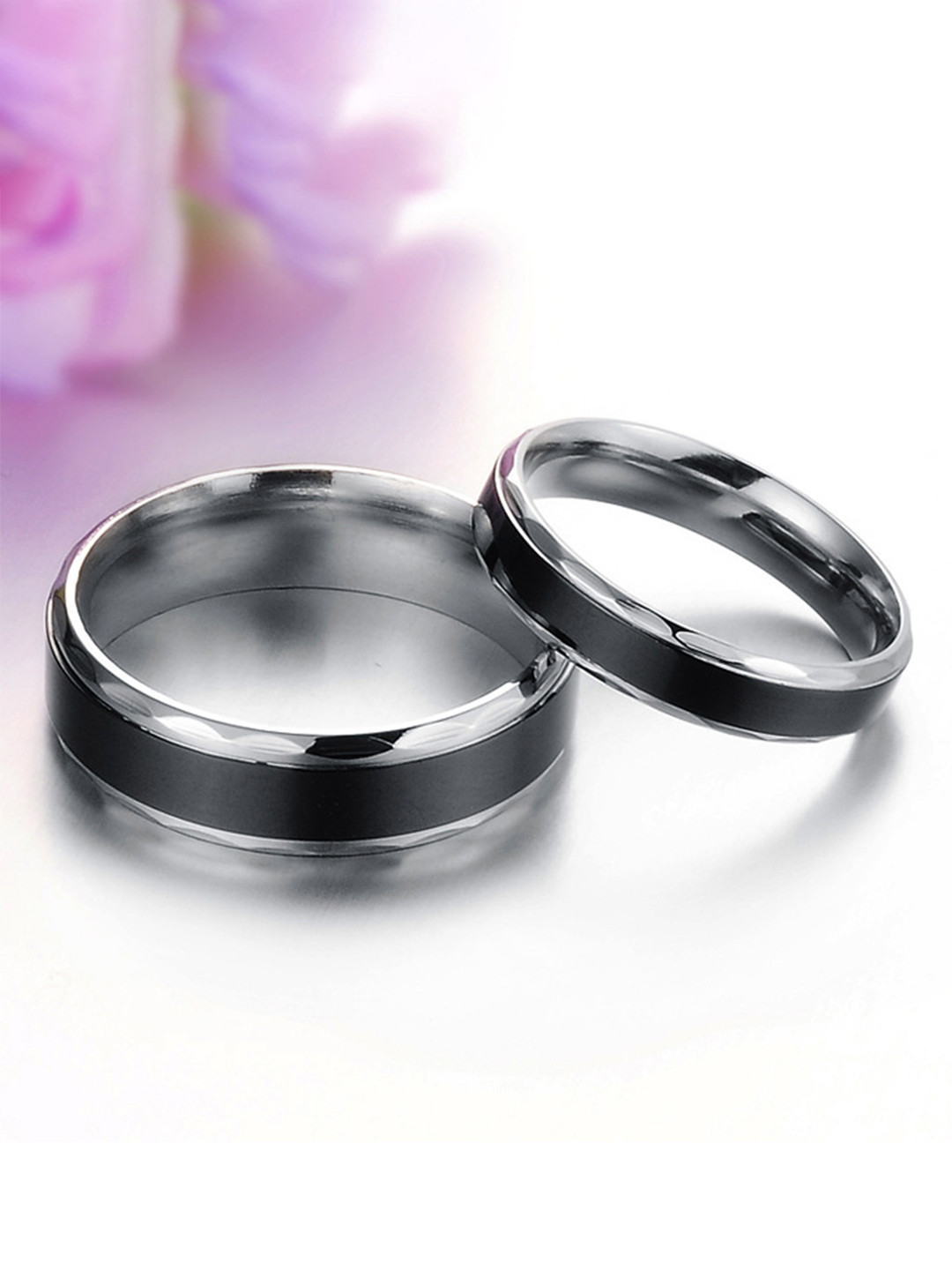Yellow Chimes Set Of 2 Platinum-Plated Black & Silver-Toned Stainless Steel Couple Finger Rings