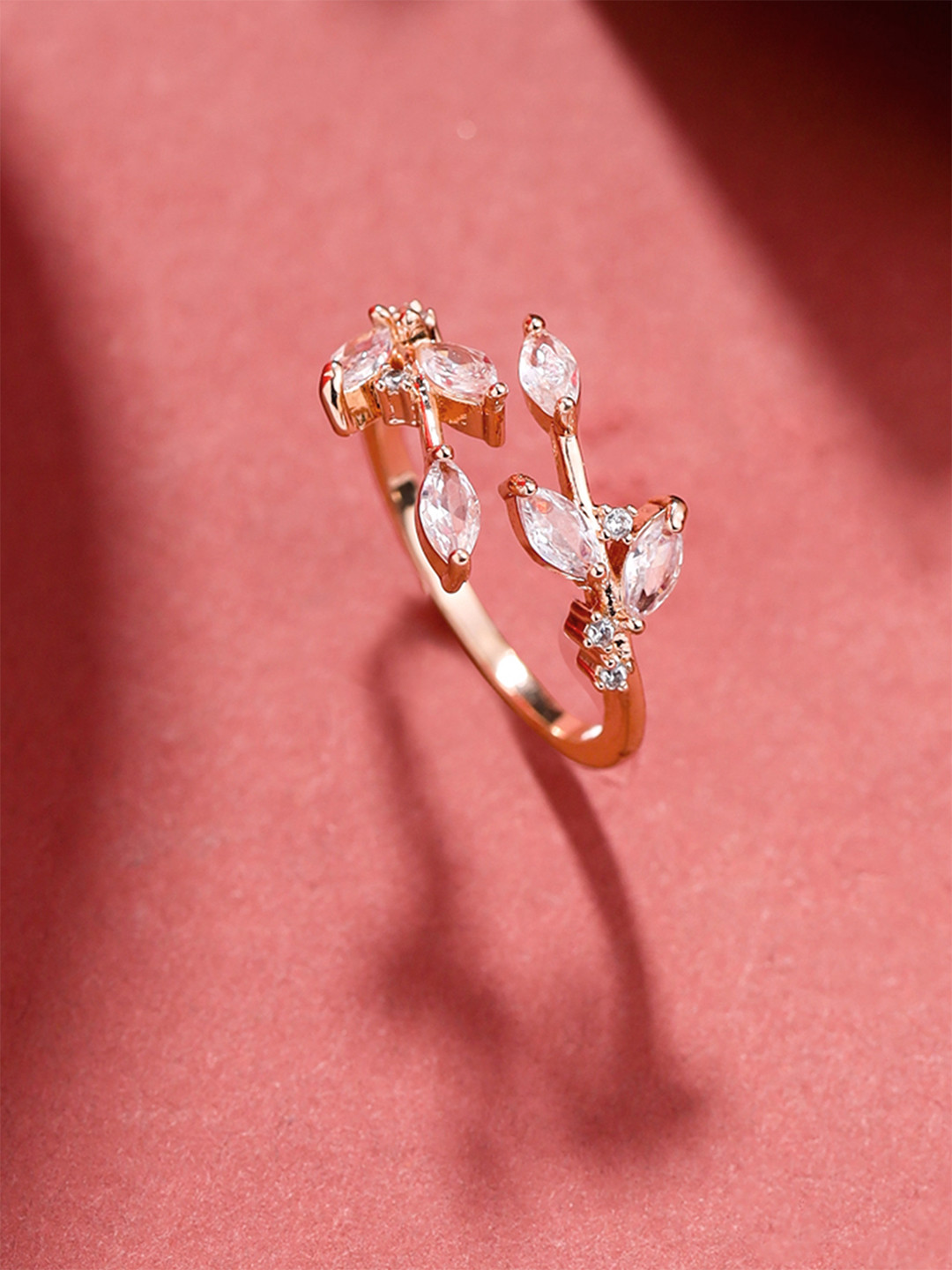 Yellow Chimes Rose Gold-Toned Rose Gold-Plated White Crystal-Studded Finger Ring