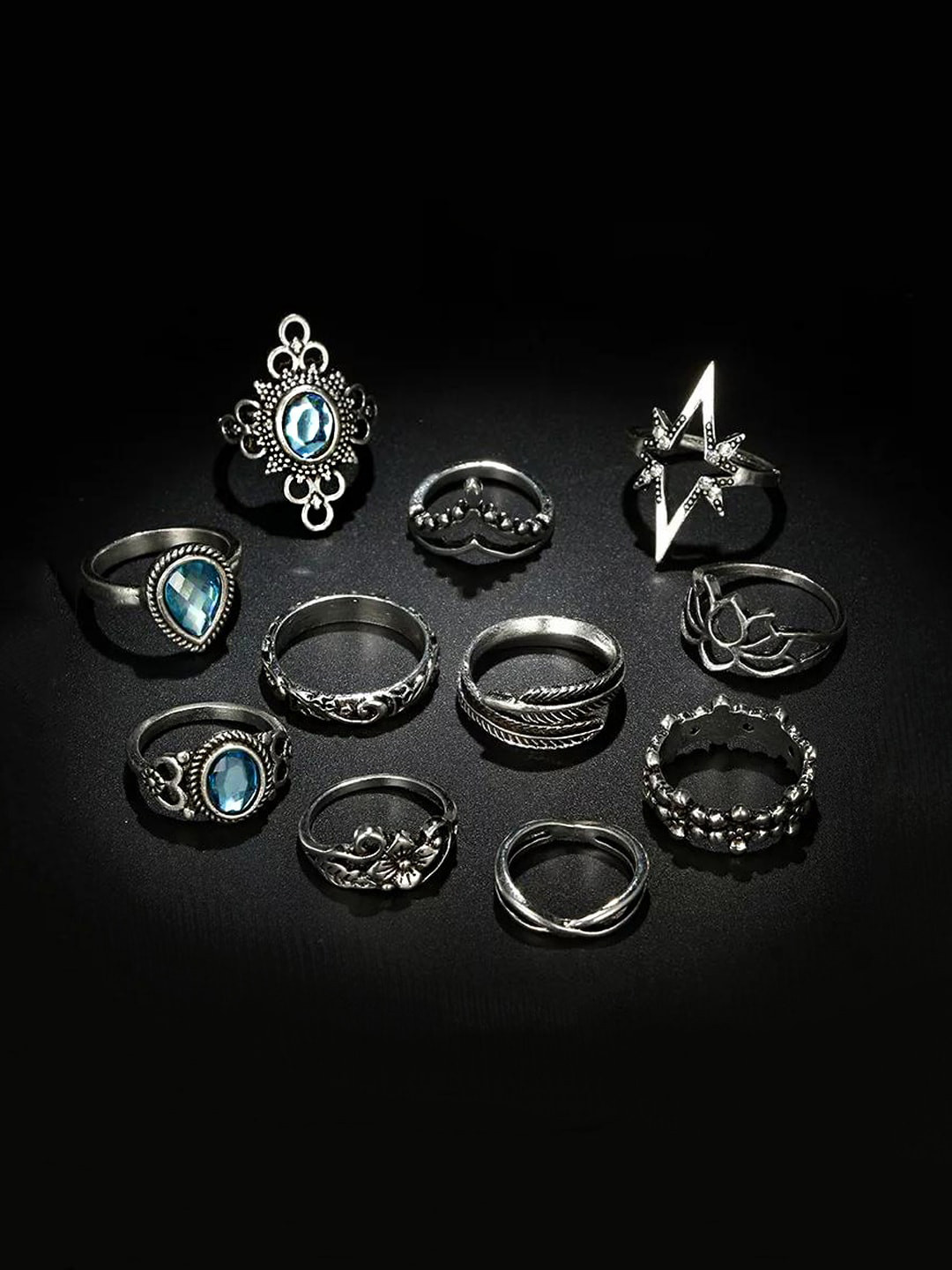 Yellow Chimes Set of 11 Silver Toned Boho Vintage Midi Finger Oxidised Silver Rings