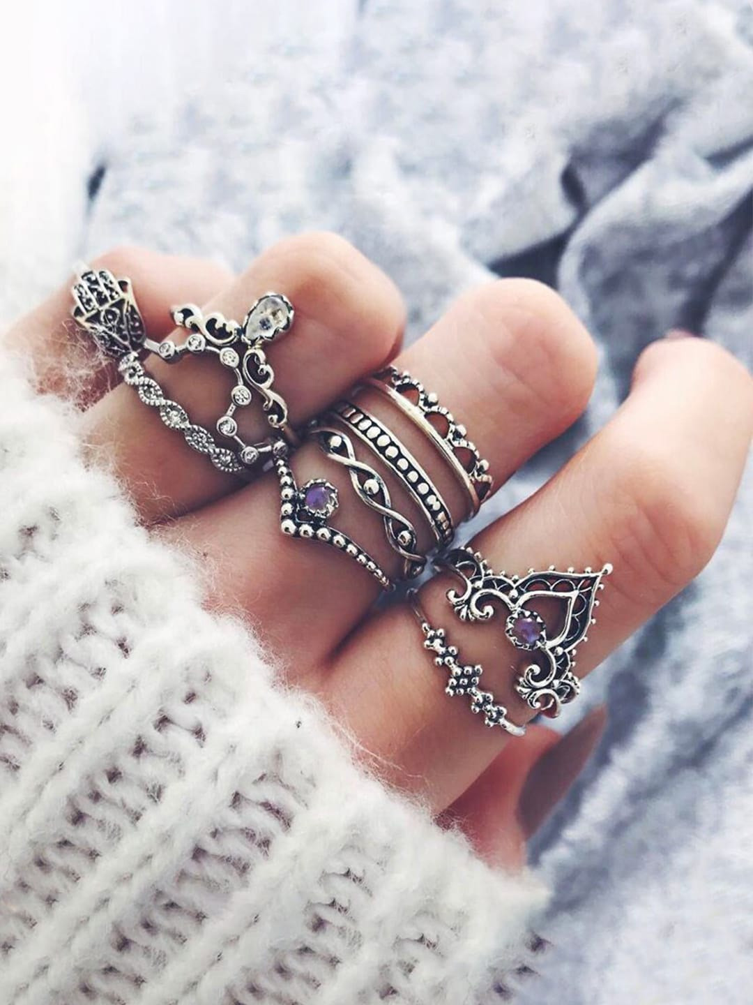 Yellow Chimes Set of 10 Silver-Toned Oxidised Retro Vintage Rings
