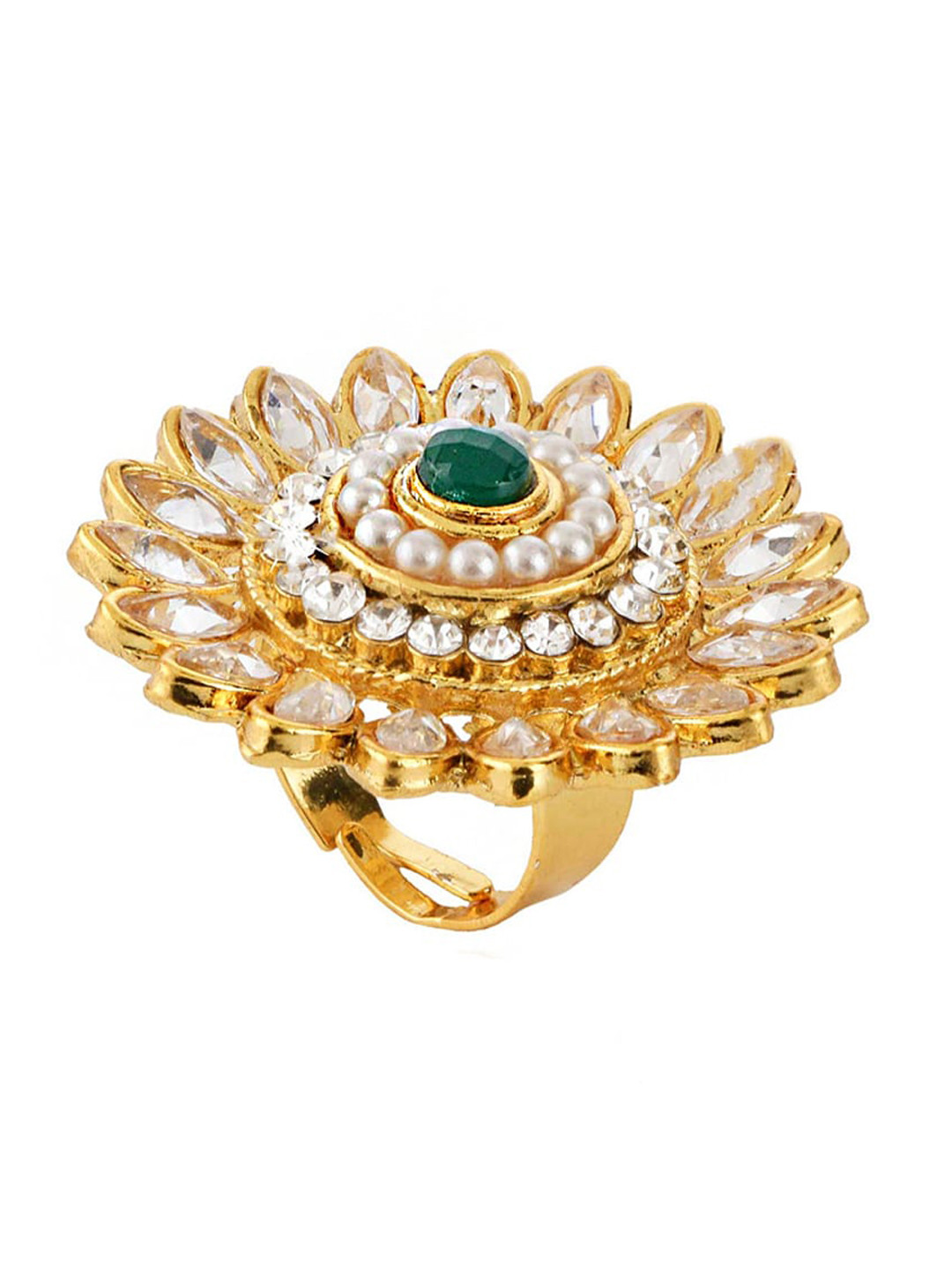Yellow Chimes Woman Gold-Plated White & Green Kundan Studded Adjustable Finger Ring