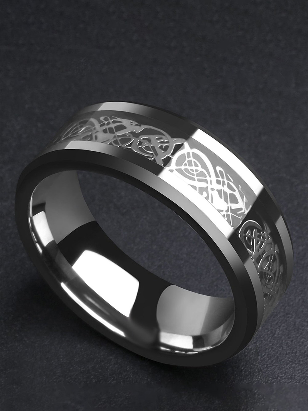 Yellow Chimes Men Silver-Toned Dragon Celtic Inlay Polish Finis Stainless Steel Finger Ring