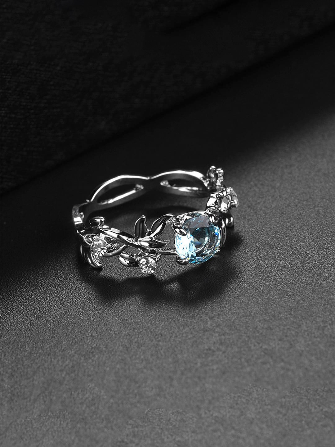 Yellow Chimes Woman Silver-Plated Blue Crystal Studded Finger Leaf Ring